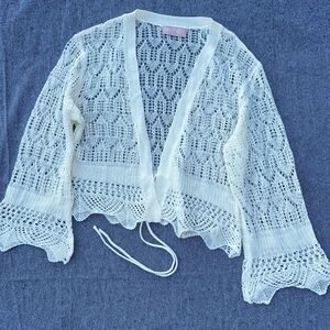 Sweet Kizz White Open-Knit Bell Sleeve Tie Front Cardigan Sweater M